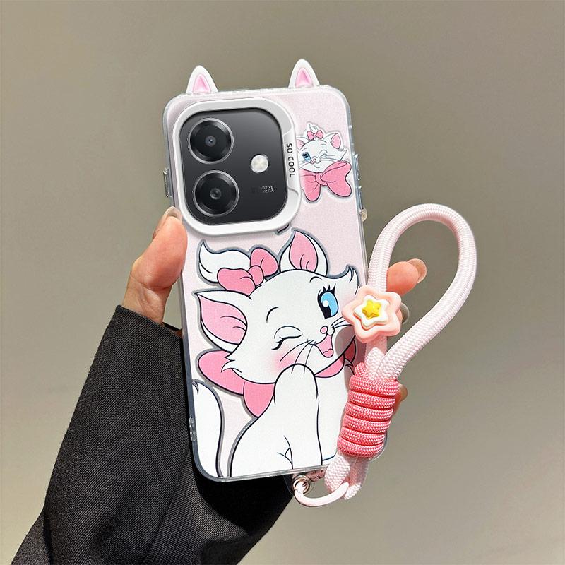 KEYSION Cute Ear Cartoon Case for OPPO A3 A3X 5G A5i with Lanyard Soft Silicone+PC Shockproof Phone Cover for OPPO A40 A40m