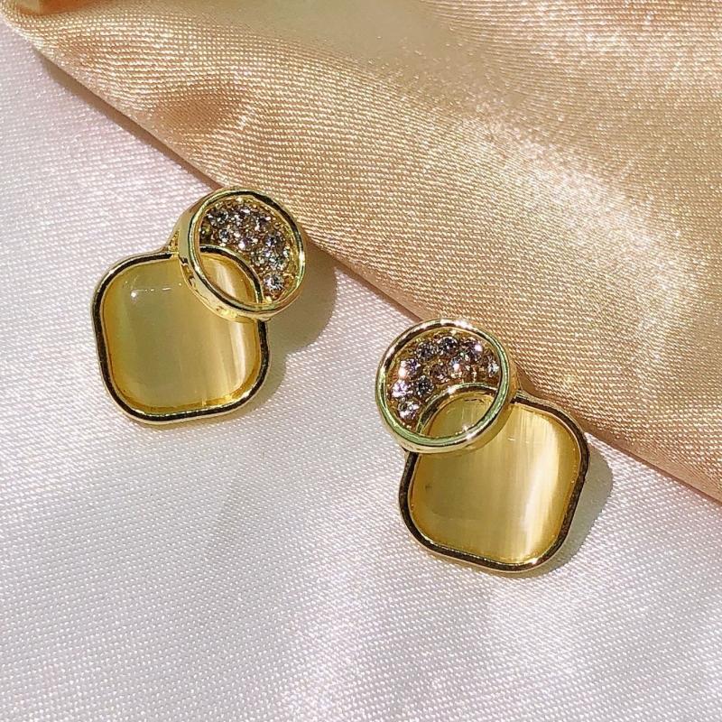 New In Opal Rhombus Stud Earrings for Female Round Rhinestone Top Geometric Statement Women's Unusual Earrings