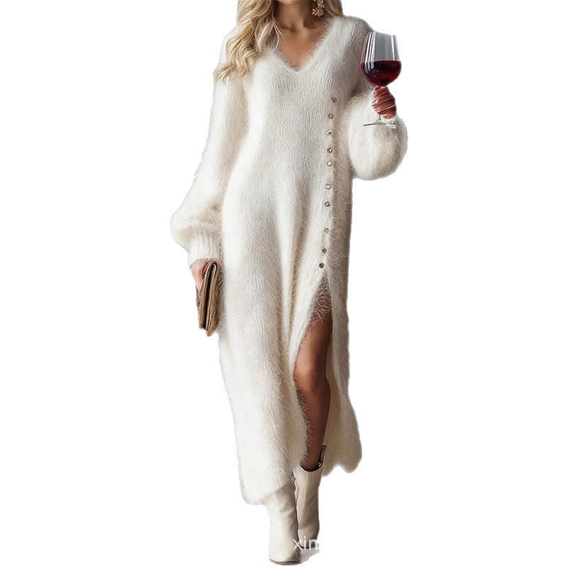 2025 Herbst/Winter V-Ausschnitt Lockerer Schnitt Schlitzkleid mit Knopfdetail