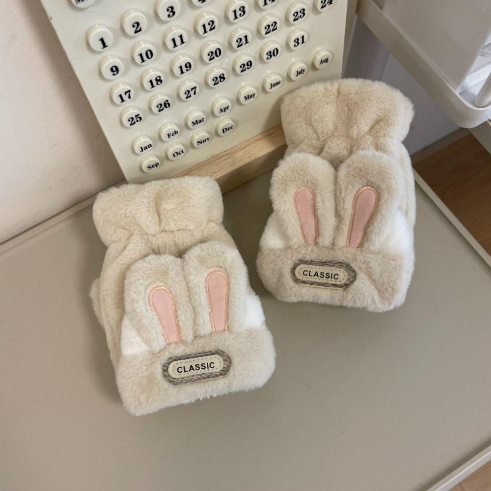 Thickened Half Finger Gloves Open Finger Flip Cover Plush Gloves Cute Rabbit Ears Mittens  Writing