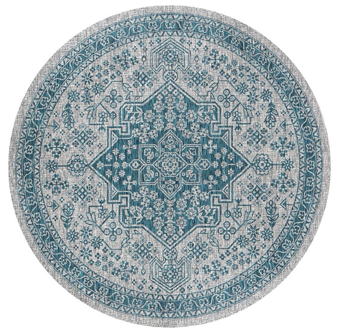 Vintage Blauw Perzisch Bloemig Rond Vloerkleed, Antislip Wasbare Cirkel Mat voor Boerderij Woonkamer Bank Vloer Decoratie 80x80cm