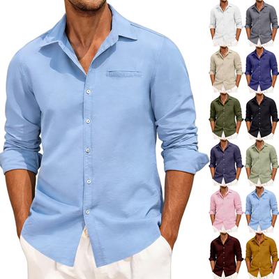 Camisa de Manga Larga para Hombre, Color Casual, Holgada, Botón, Cuello Abotonado, Bolsillo Falso