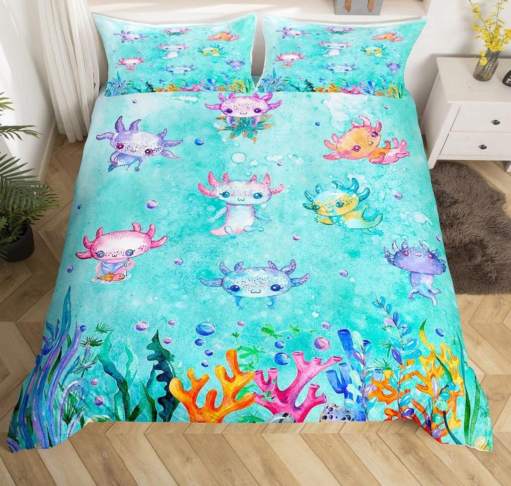 Cartoon Pink Axolotl Floral Duvet Cover King Size 3D Cute Salamander Bedding Set Suitable For Boys Girls Room Decoration 3 Pcs