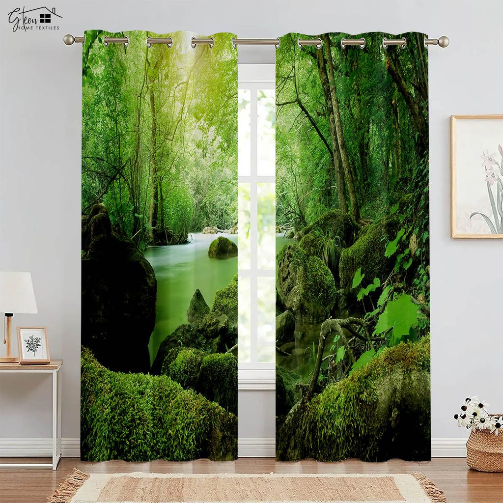 Nature Forest Scenery 3D Printing Curtains Green Pastoral Sunshine Natural Aerobic B&B Hotel Bedroom Living Room Curtains 2PCS