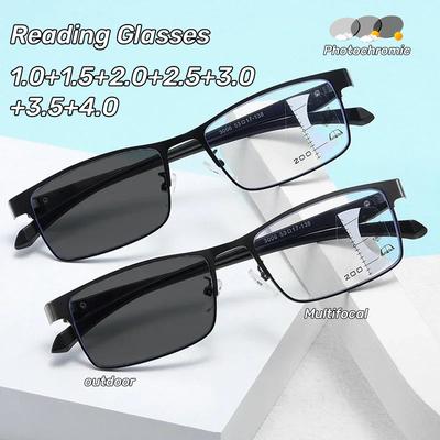 Men'S Half Frame Business Progressive Multifocal Photochromic Reading Glasses Fashionable Anti-Blue Light Reading Glasses