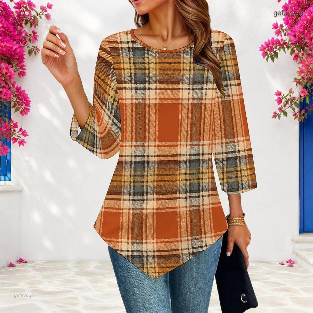 Women Plus Size Round Neck Three Quarter Sleeve Geometric Printed Pointed Hem Casual Blouse