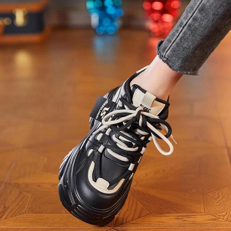 Inner Height-increasing Women's Shoes 2025 New Ins Popular Versatile Non-slip Thick-soled Small Inner Height-increasing 9cm Dad Shoes