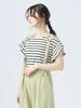 Beams Heart Tee with Tucked Sleeves and Striped Striped Off One Size S/S Pullover, Women's, White,