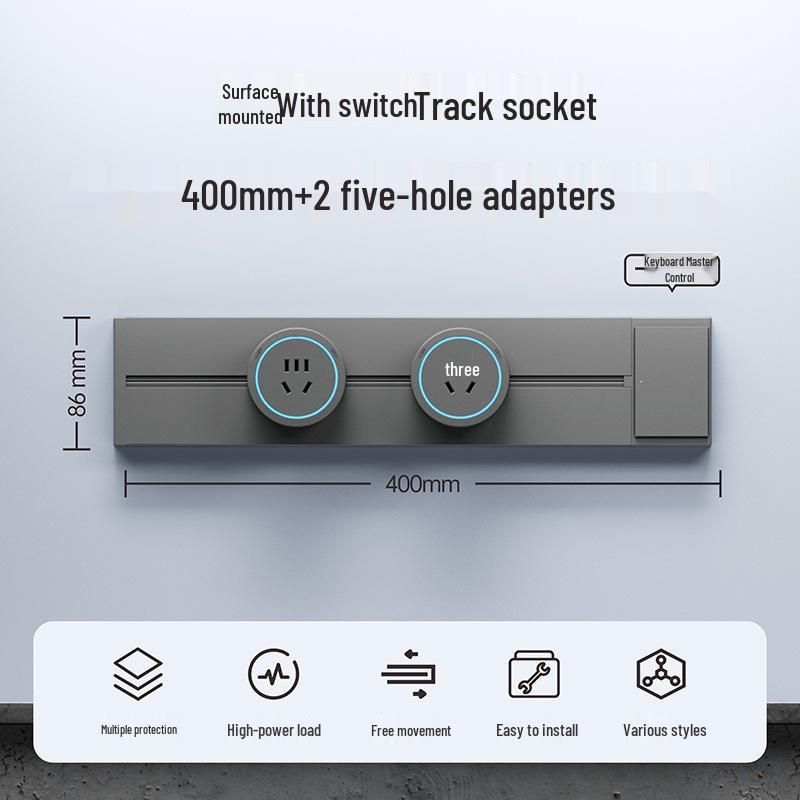Surface-Mounted Anti-Shock Adjustable Power Strip with Switch Track for Kitchens