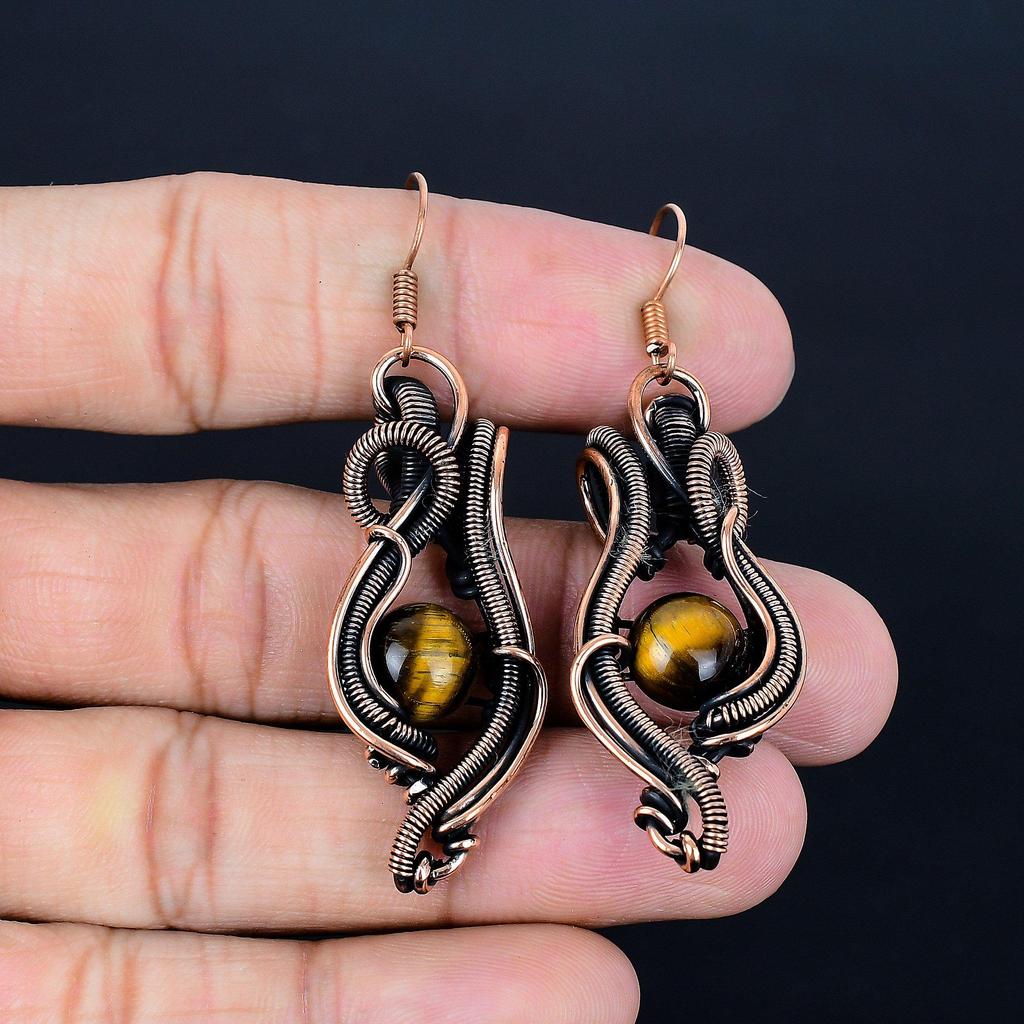 Tiger's Eye 999 Copper Wire Wrap Jewelry Earrings, Handmade Gemstone Earrings, Gift For Mom Antique Jewelry