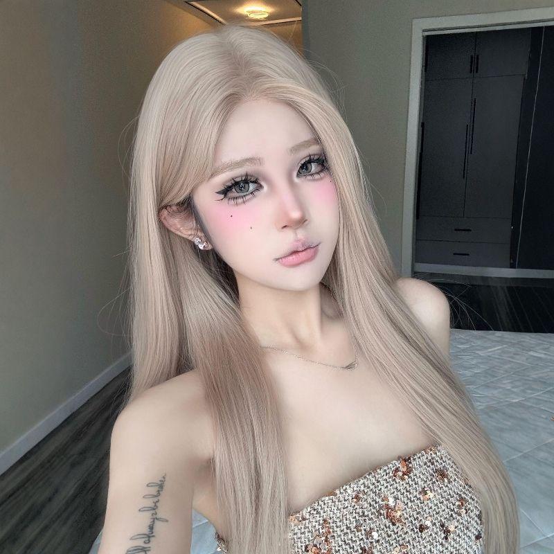KuKu Princess Milk Tea Grey Middle Part Lace Wig - Women's Long Straight Hair Wig