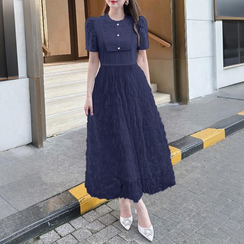 ZANZEA Women Lace Patchwork Casual Round Neck Short Sleeve Long Dress