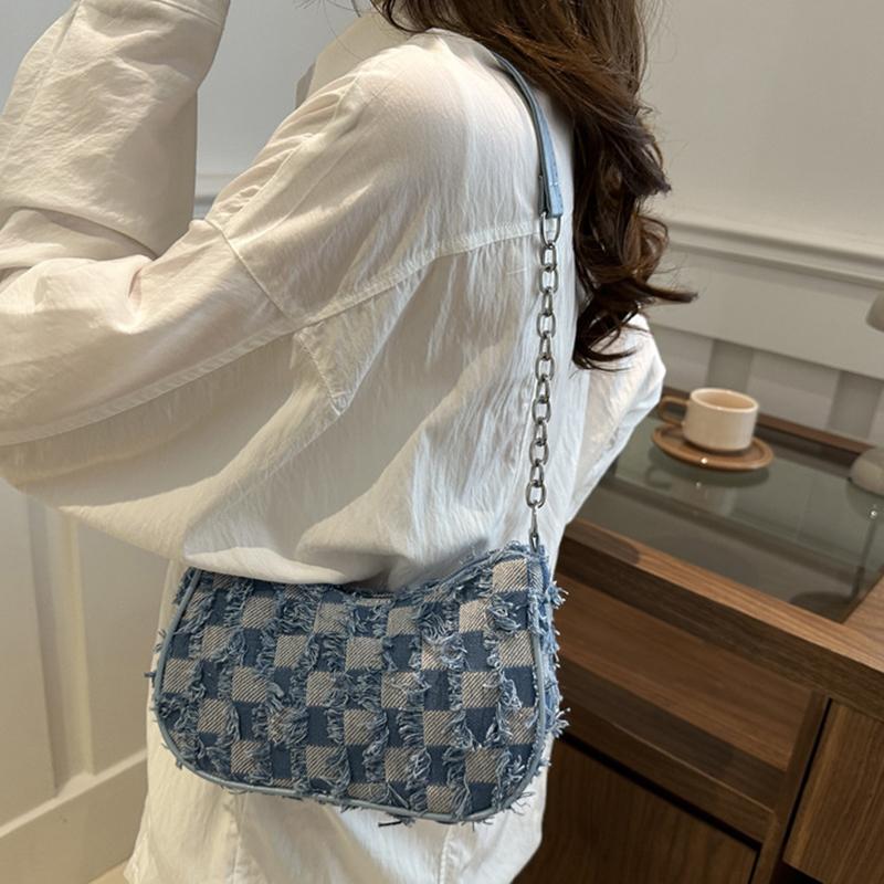 Womens Star Pattern Chain Decor Small Shoulder Bag Trendy Vintage Y2k Denim Underarm Bag Korean Star Women's Handbag Lady KTY