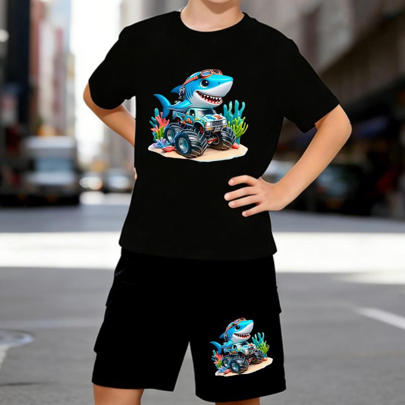 

Boys 2 Piece Cartoon Shark Monster Truck Printed outfit, Short Sleeve T-Shirt and Shorts Set for Kids Age 5-14,White Sporty Casual Summer Clothes 5-6 Years чёрный