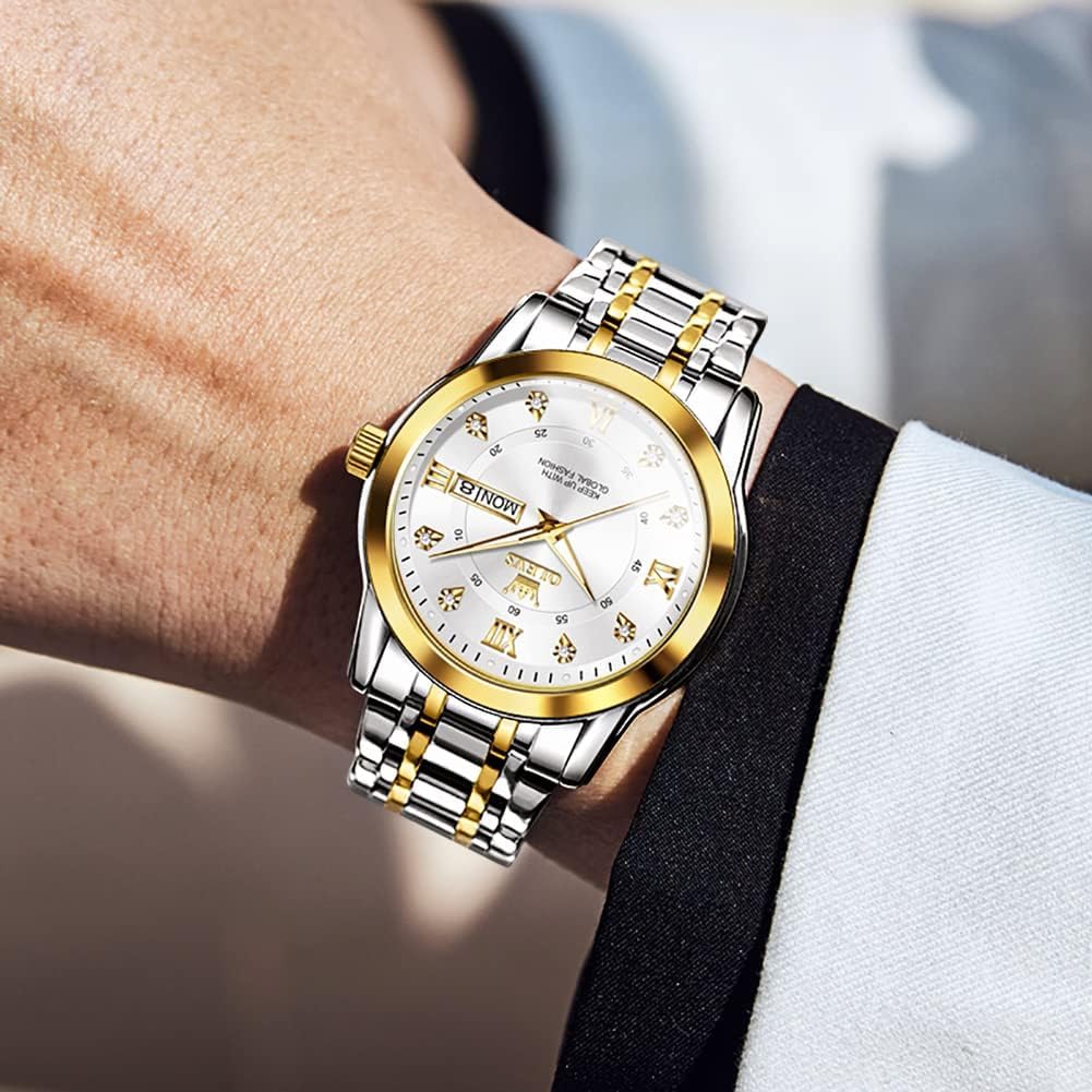 OLEVS Watch Men's Silver Cool Popular Quartz Calendar Waterproof Watch for Men Brand Stainless Steel Stylish Gold & White