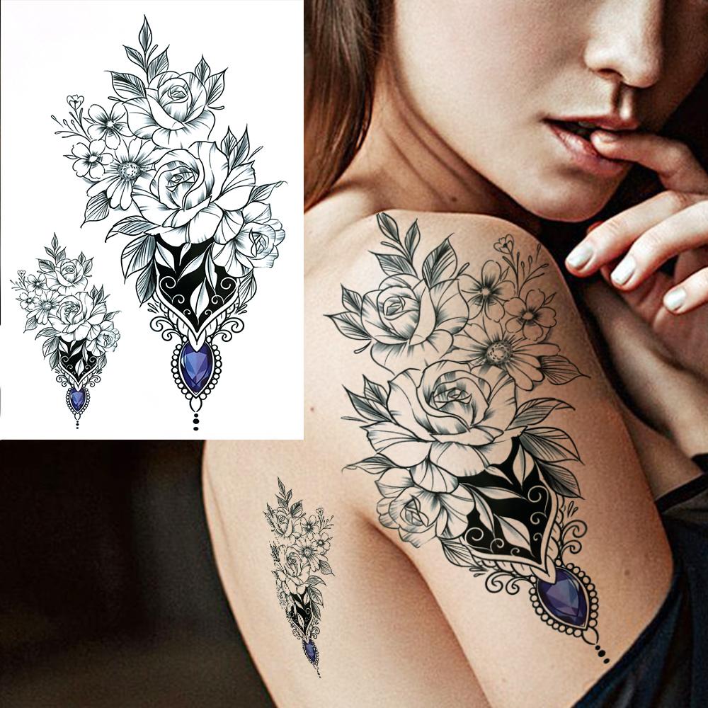 Owl Bird Temporary Tattoos For Women Fake Peony Flower Tattoo Sticker Black Body Art Drawing Tatto Diamond Crystal Jewelry Tatoo