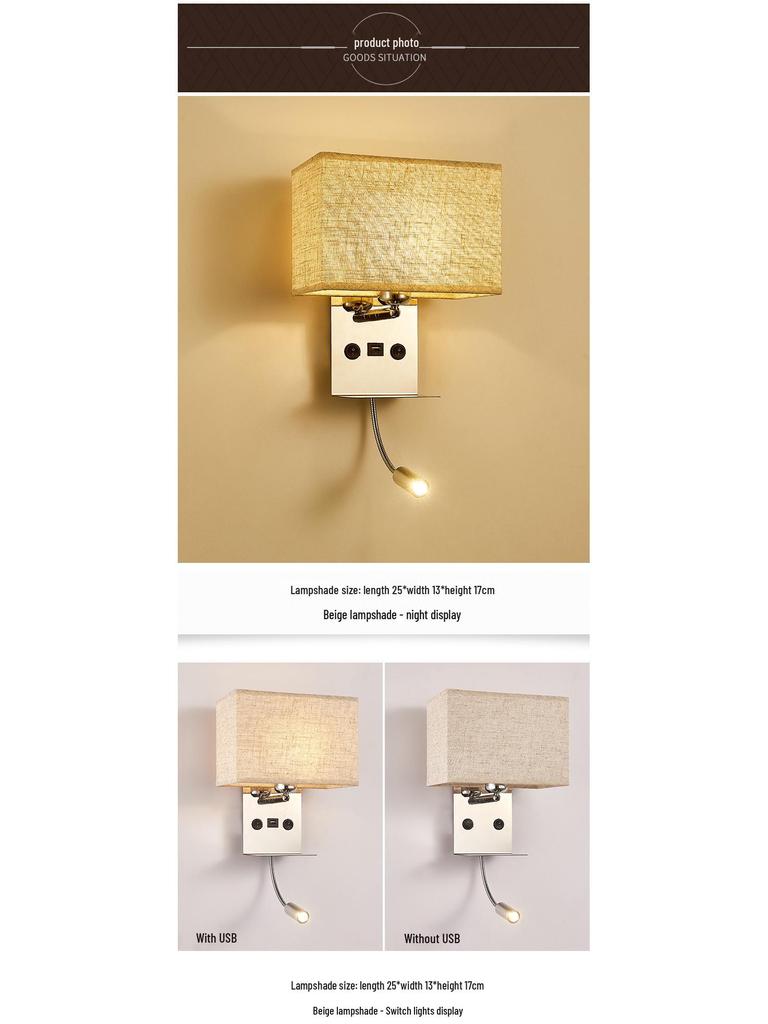 Minimalist LED Bedside Wall Lamp with USB Port - Fabric Shade for Indoor Reading