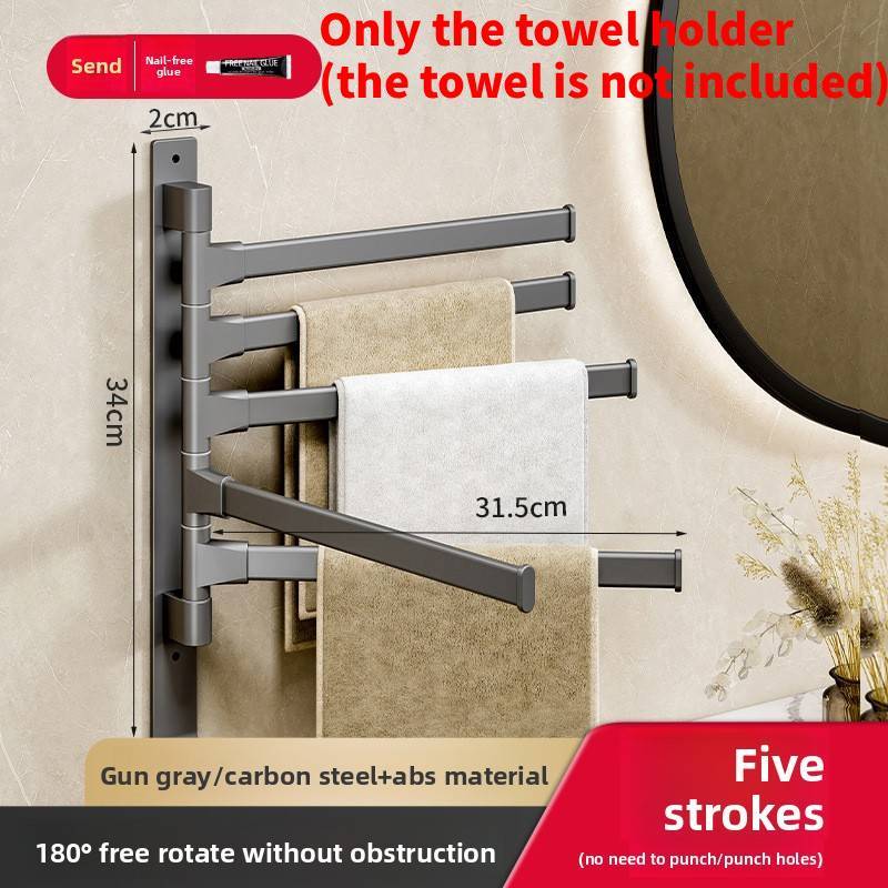 Gunmetal Gray Rotating Towel Rack With Active Hooks For Bathroom Wall Mounting