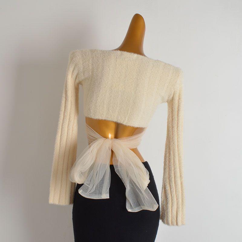 Fall and Winter Mink Velvet Sexy Square Collar Sweater Knitwear Women's Clothing Silm Short Sexy Lace Lace-up Long Sleeve Tops