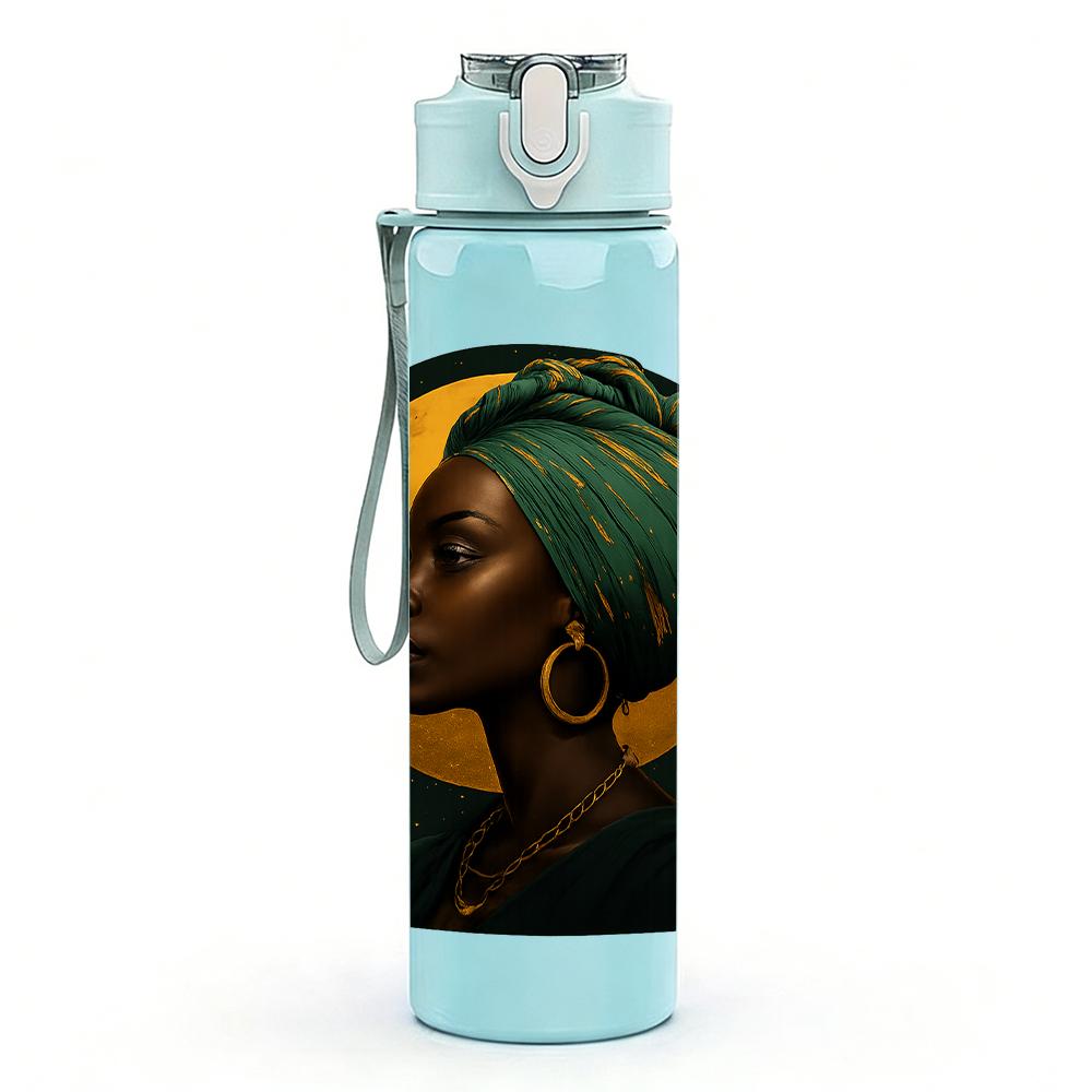 1PC African Lady Portrait Bust 750ml Color Plastic Sports Water Bottle Leakproof Flip Straw Lid For Sports Office Home Use