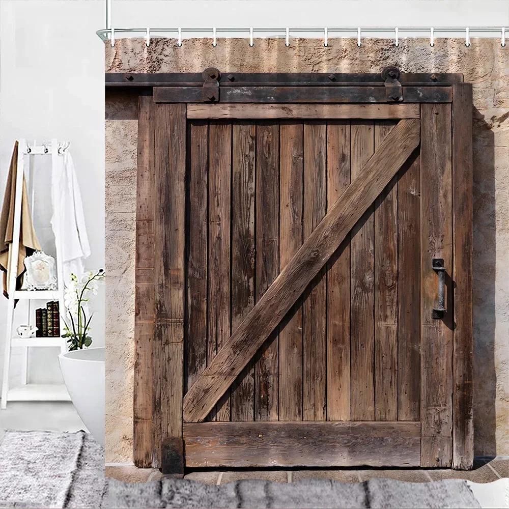 Selský sprchový závěs Set Rustikální sprchový závěs do koupelny Dřevěná stodolová vrata Farma Koupelnové závěsy Venkovská dřevěná koupelnová dekorace