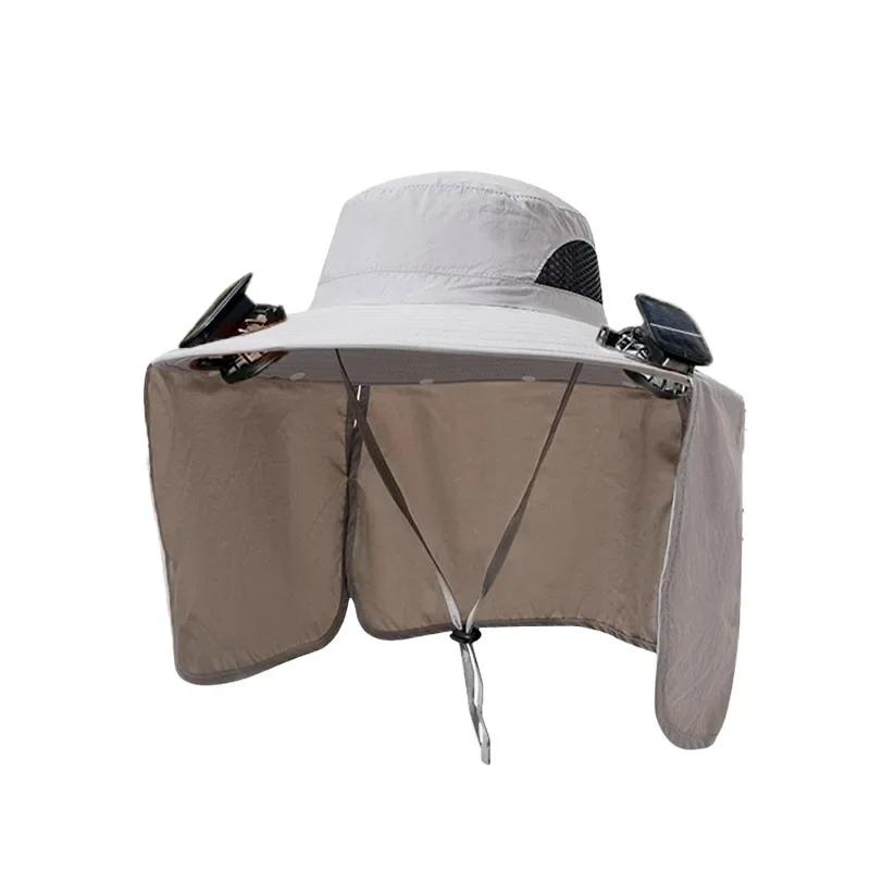 Wide Brim Solar Fan Outdoor Fishing Hat Adjustable Sun Protection Lightweight Breathable Fabric for Hiking Camping Travel