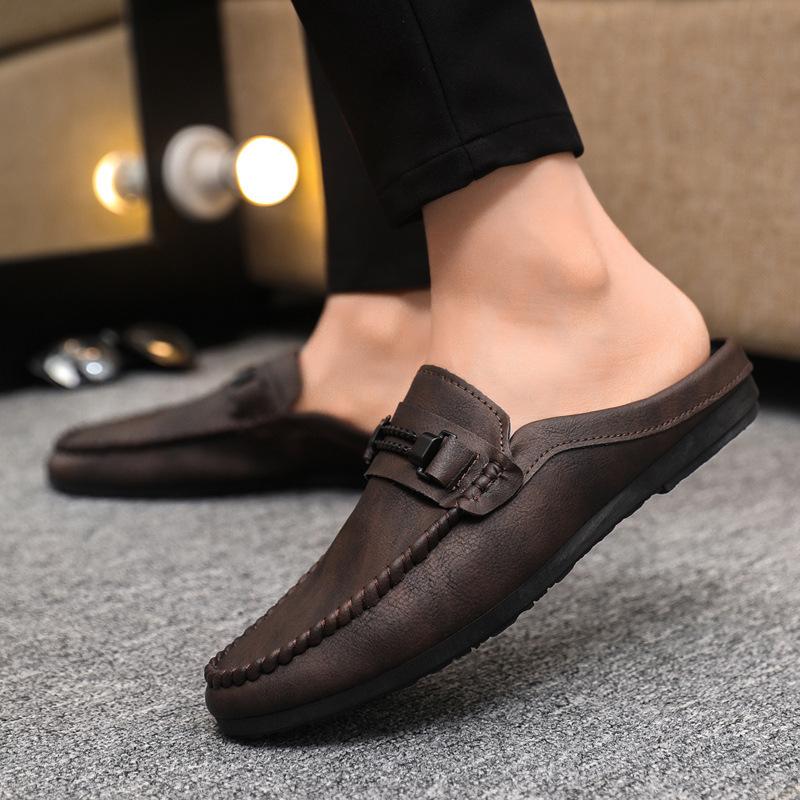 Fashion Men Half Slippers 2025 Summer Breathable Mens Casual Shoes Comfortable Walking Loafers Moccasins PU Leather Men Fashion Slippers
