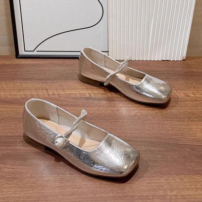 Mode Neuer Stil Silberne Damen Mary Jane Schuhe mit eckiger Zehenpartie Lässig Outdoor Weiche Sohle Flach Frühling Herbst Hochzeitsparty Schuhe Zapatos Mujer