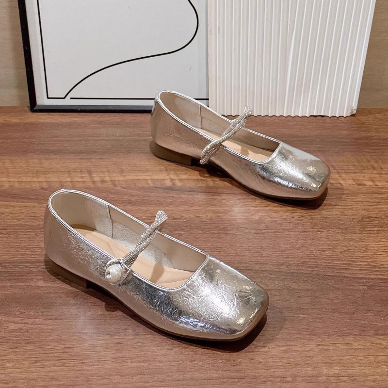 

Fashion New Style Silvery Women Square Toe Mary Jane Shoes Casual Outdoor Soft Sole Flat Spring Autumn Wedding Party Shoes Zapatos Mujer 35