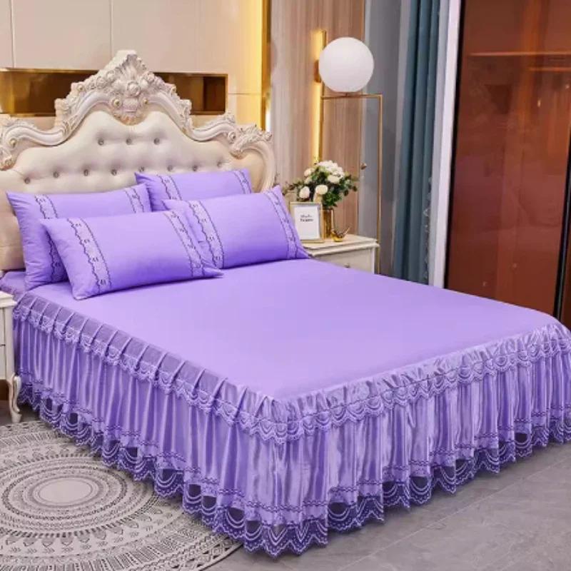 3-Piece Lace Bed Skirt Set Summer Dustproof Anti-Slip Ximengsi Protective Cover for Double Single Bed