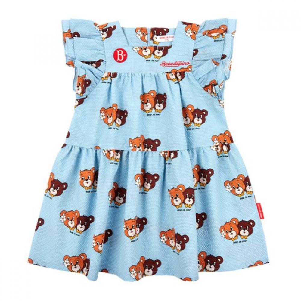 Bebe De Pino All Over Honey Bear Ruffle Kids Dress Bp52op455 sky blue/100