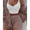 Women's Loose Fit Three Piece Loungewear Long Sleeve Fuzzy Cardigan V Neck Tank Drawstring Waist Shorts Winter Solid Tracksuit