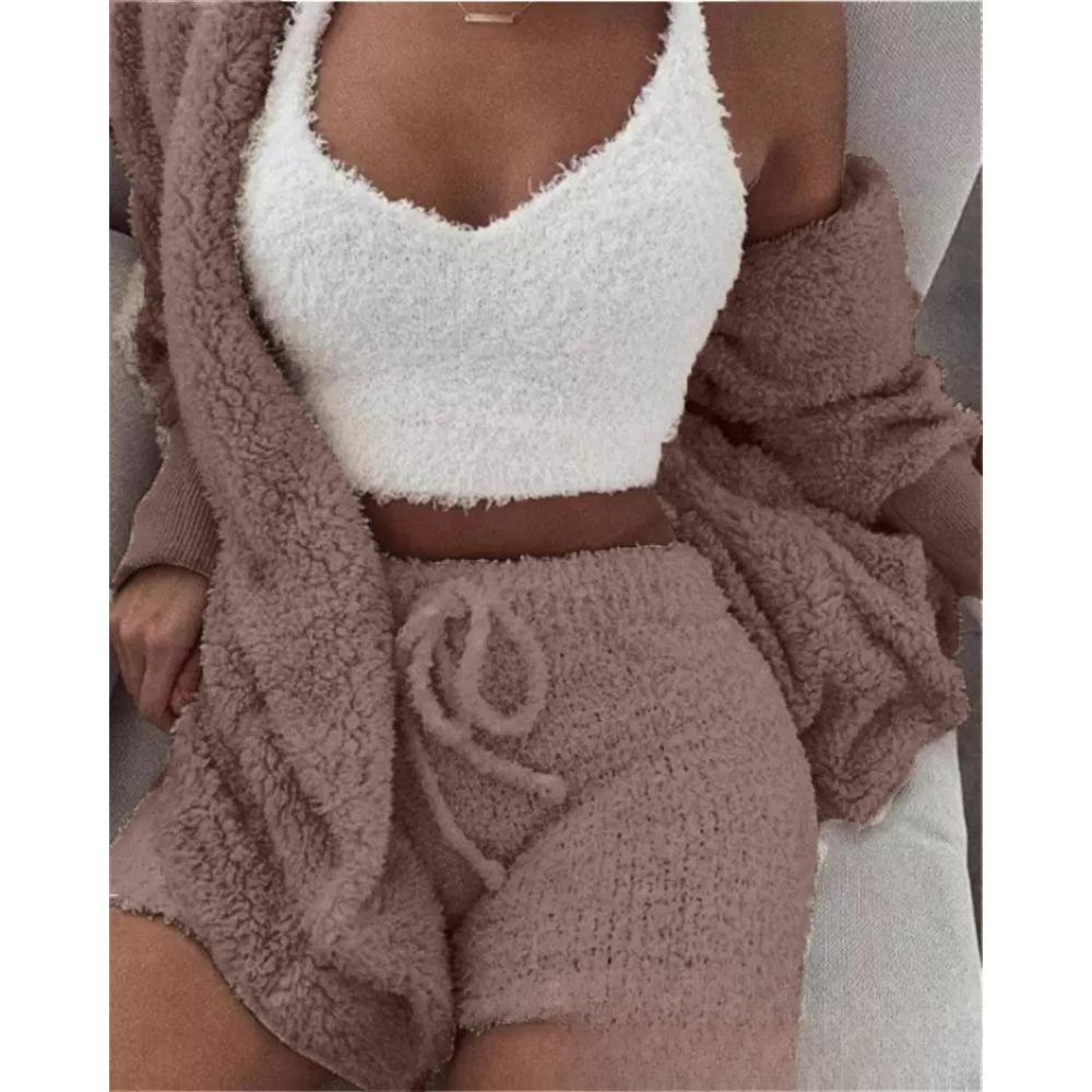 Women's Loose Fit Three Piece Loungewear Long Sleeve Fuzzy Cardigan V Neck Tank Drawstring Waist Shorts Winter Solid Tracksuit