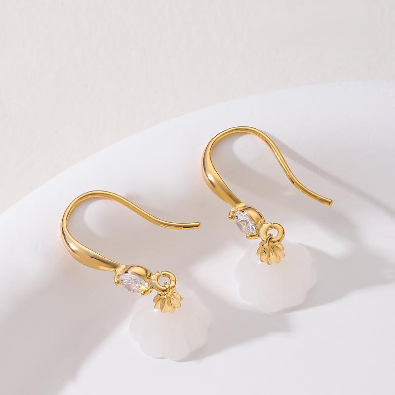 Light Luxury Gold-Plated European-Style White Jade & Zirconia Flower Bud Earrings for Women