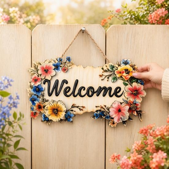 Floral Wooden Welcome Sign Front Door Sign Ornaments Flower Hanging