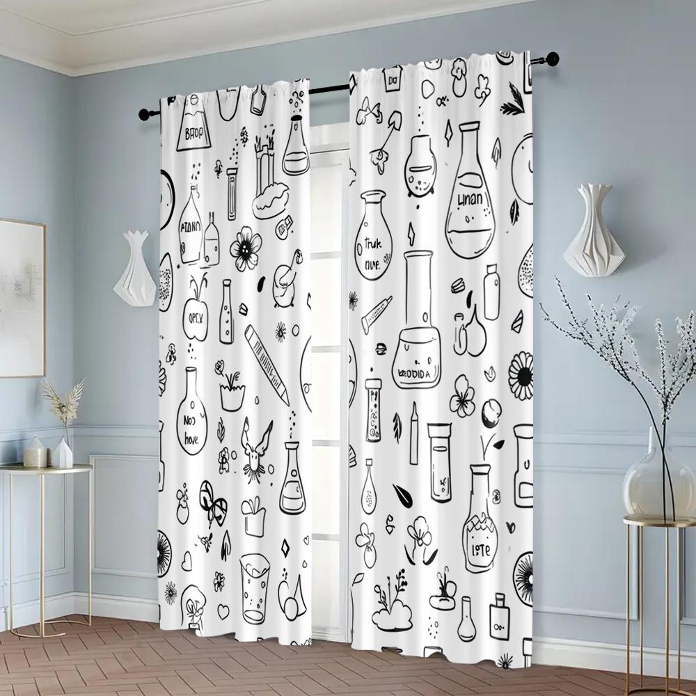 2pcs, Contemporary Curtains Black and White Floral Pattern Machine Washable (without Rod) Thermal Insulation, and Room Darkening