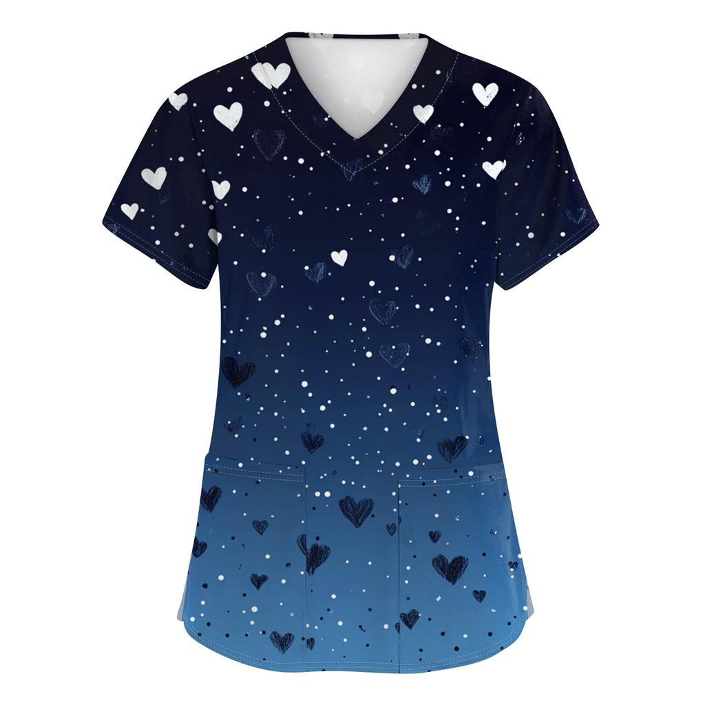 Women's Fashion V-Neck Short-Sleeved Workwear With Pockets Valentine's Day Printed Top Caregiver Uniform