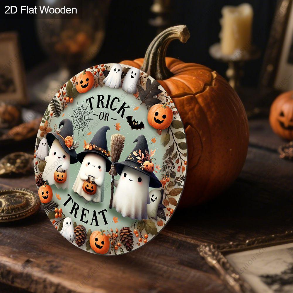 Trick Or Treat Cute Ghost Witch Hat Round Wooden Hanging Sign, 2D Flat Printed Halloween Front Door Decor, Pumpkin Spiderweb Fall Wall Ornament Gift