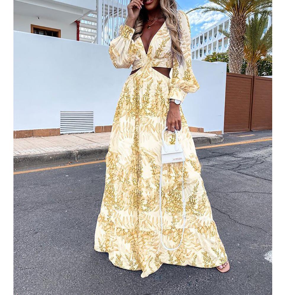 

Европейская и американская мода, платье с V-образным вырезом и длинными рукавами, весна/лето L жёлтый