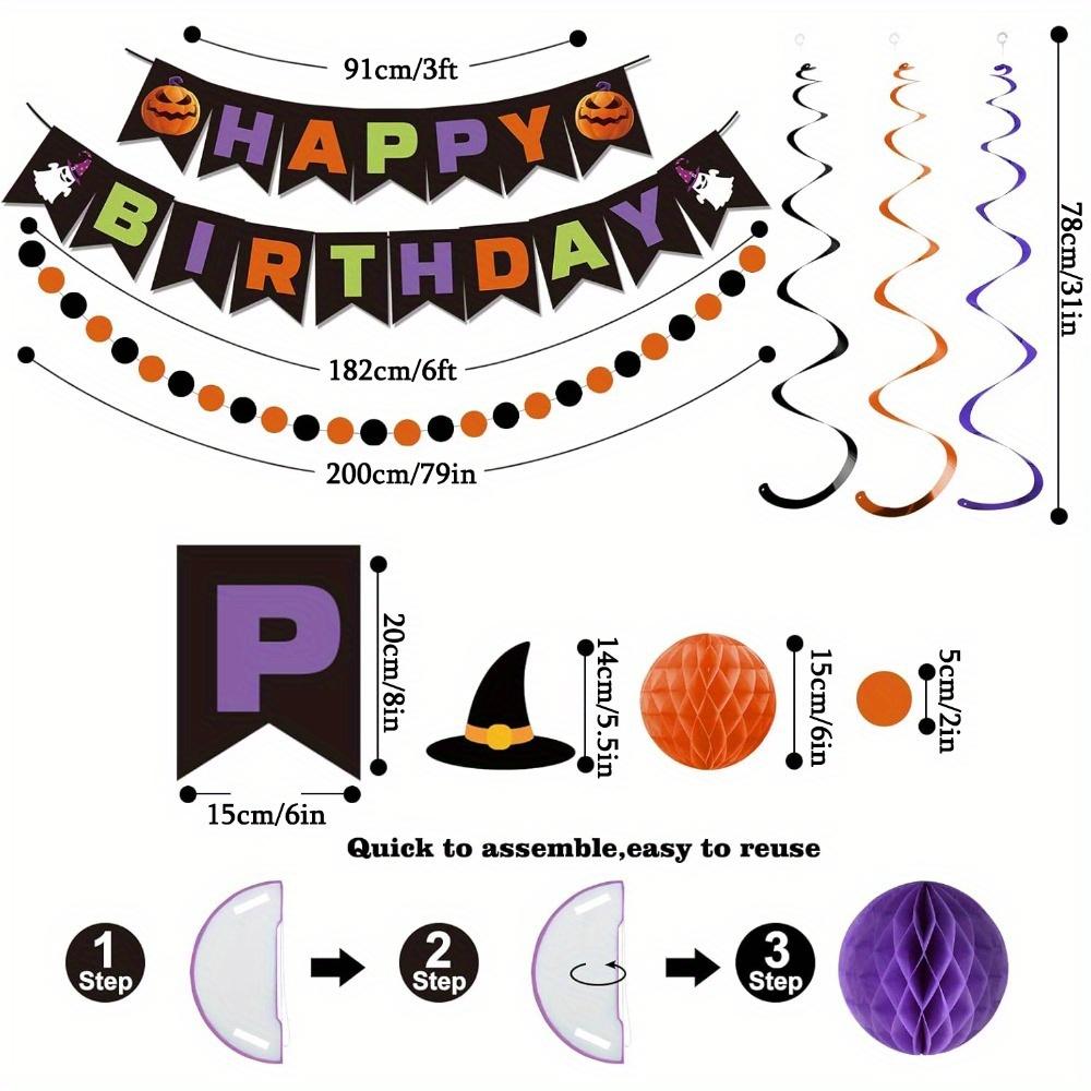 5sets Halloween Birthday Decorations Happy Birthday Banner with Honeycomb Ball Hanging Swirl Streamer Garland Decorations Birthday Party Decoration