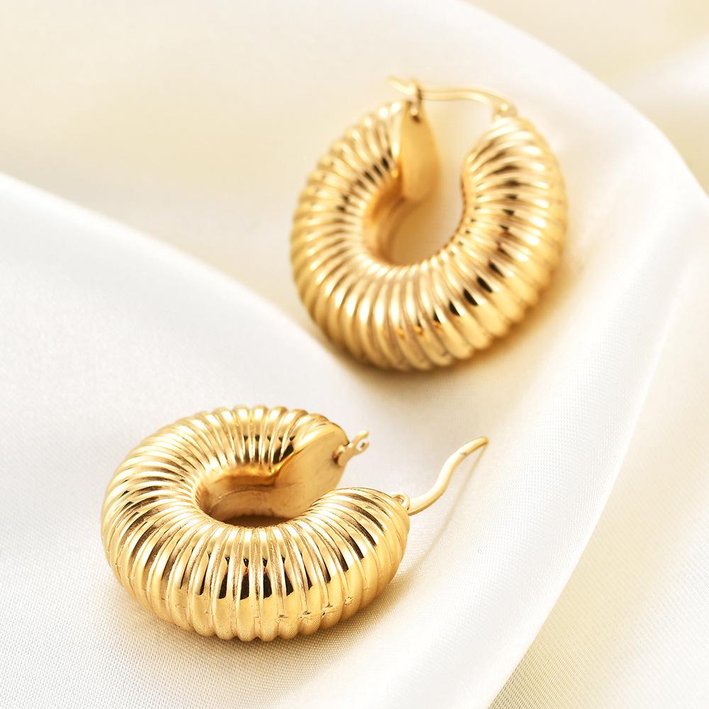 30MM Fashionable Striped Stainless Steel Earrings - 18K Gold Plated