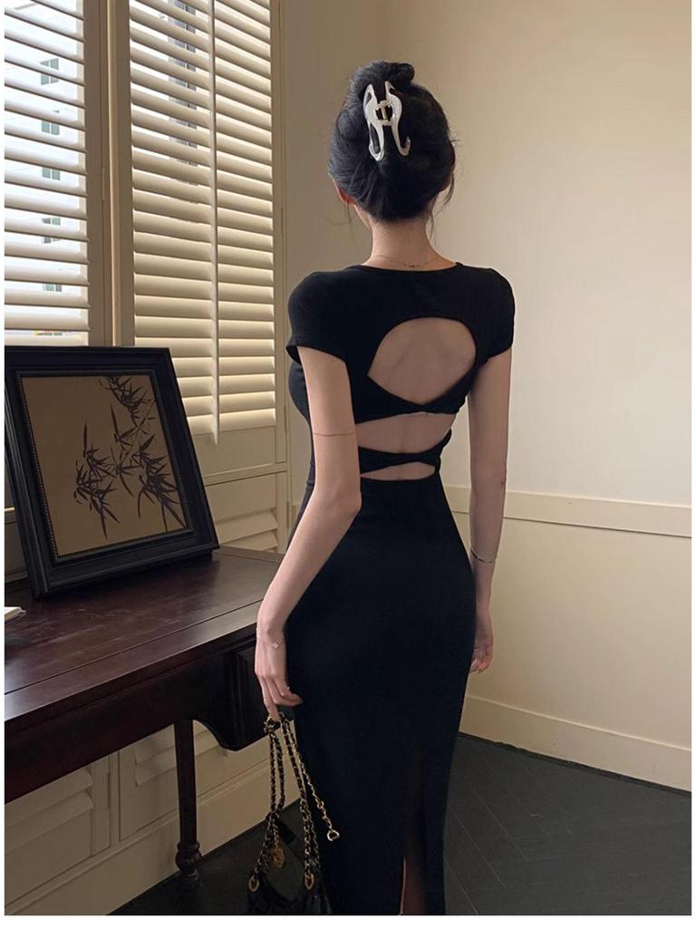 Hepburn Style Slim Fit Backless French Maxi Dress - Elegant, Sexy, Cinched Waist, and Hip-Hugging for Women’s Summer Fashion
