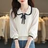 Knitted T-shirt with Lace Spring and Autumn New Style Doll Neck Knitted Sweater for Women