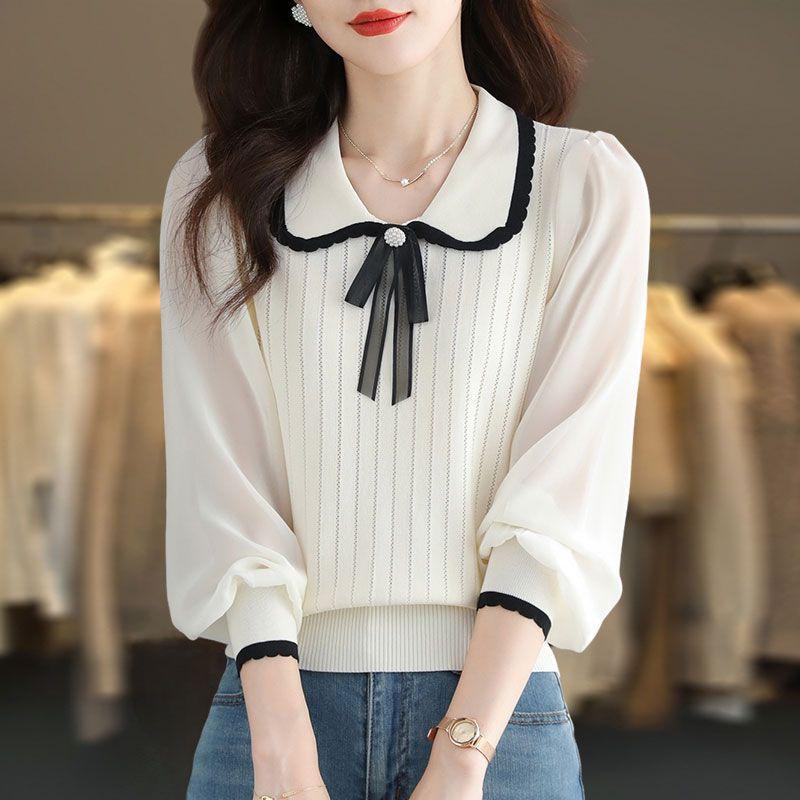 Knitted T-shirt with Lace Spring and Autumn New Style Doll Neck Knitted Sweater for Women