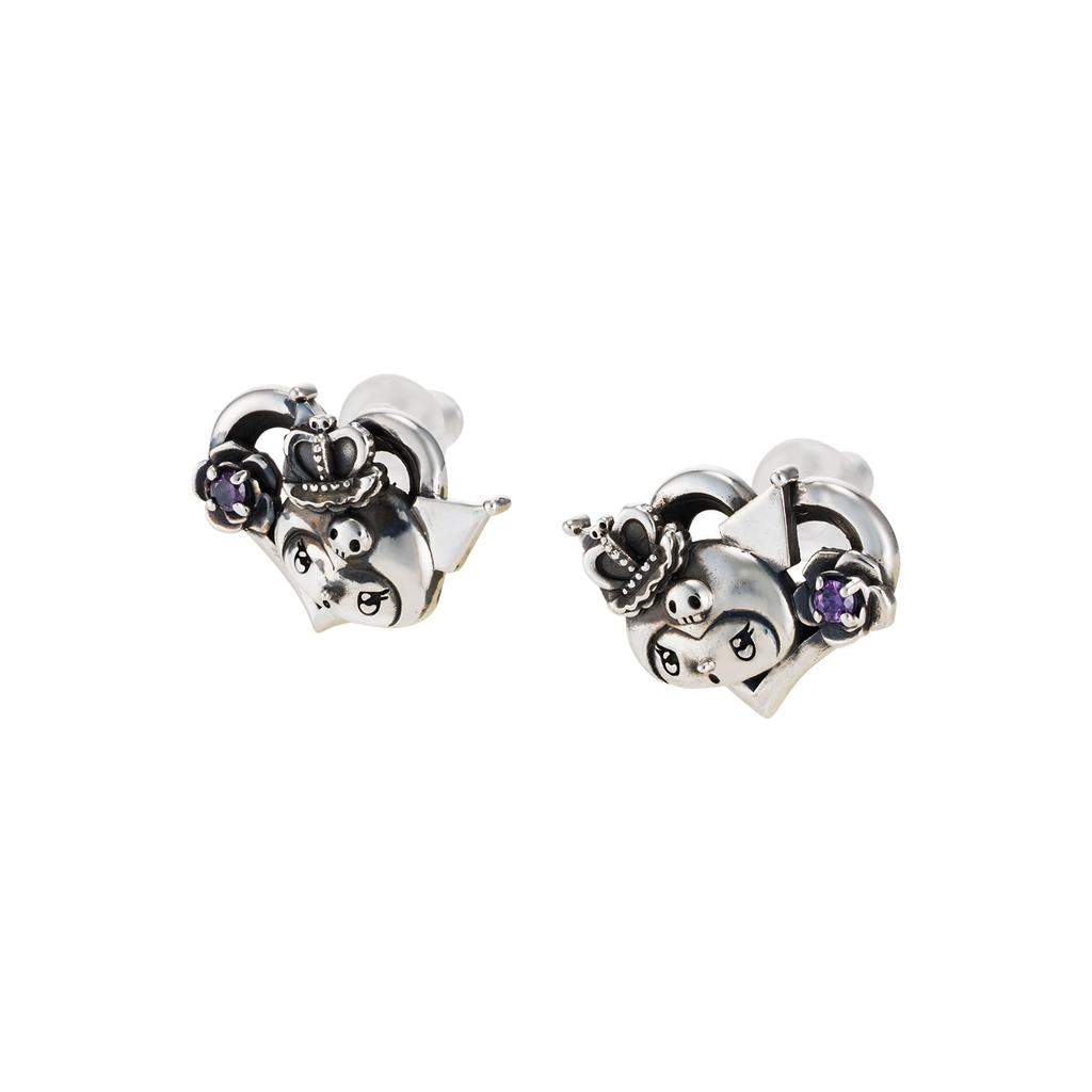 Kuromi 20th Anniversary Earrings pieces for both Sanrio Characters Sterling Silver 925 Cubic Zirconia Crown Rose Open Heart Skull Purple Oxidized