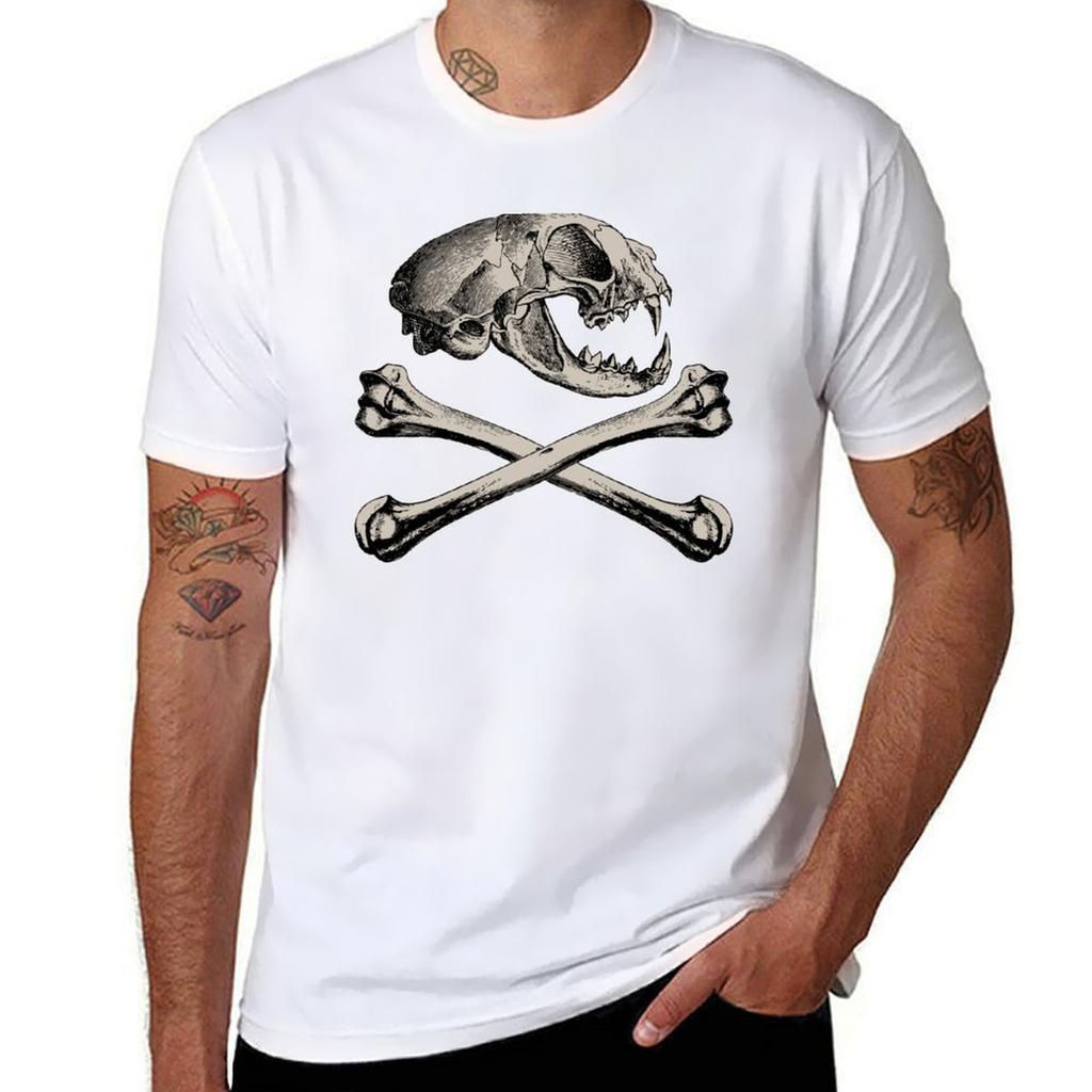 Cat Skull and Crossbones T-Shirt Basic Breathable Solid Color T-Shirt
