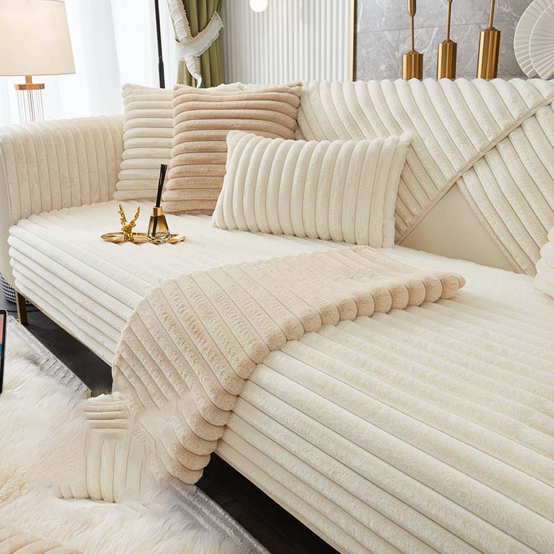 Vinter Varm Stripe Tykke Immitasjon Kaninpels Plysj Sofatrekk Sklisikker Sofa Pute Sklitrekk Håndkle Stue Sofa Teppe L-formet Sofa Cove
