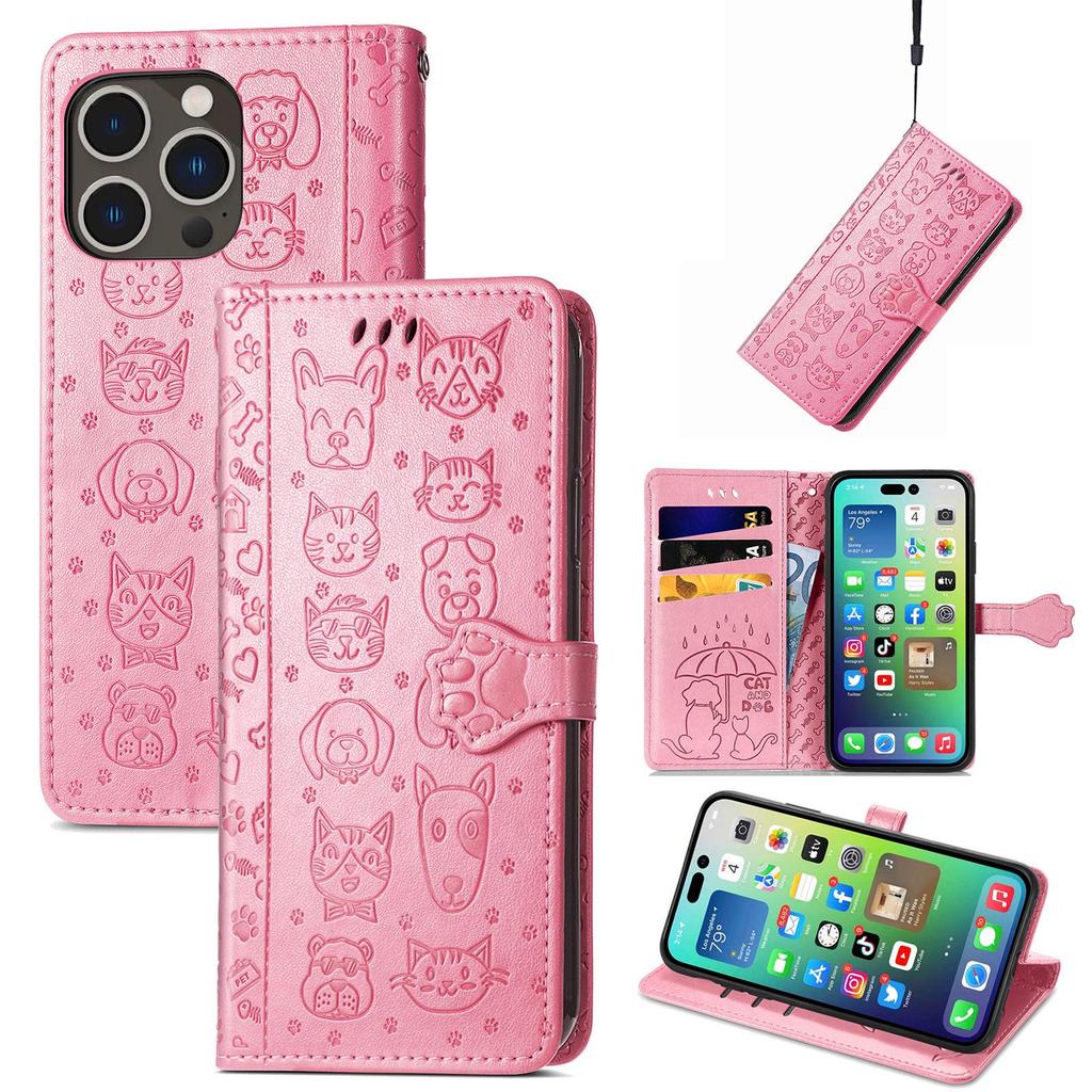iPhone 16 Flip Leather Case - PU Embossed Cat Dog Design - Compatible with Apple 15