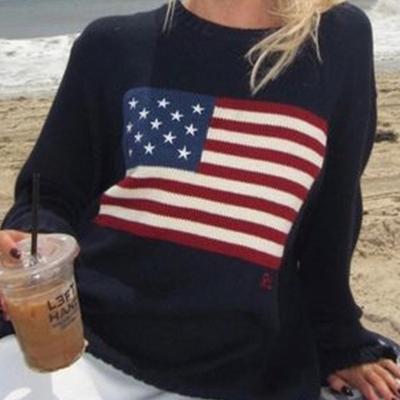 Winter Damen Flaggenpullover Vintage Lockere Pullover Langarm Rundhals Lässig Harajuku Strickware Weiß Streetwear