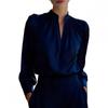 2026 Satin Stand Collar Blouse With Puffed Sleeves Long Sleeve Womens Office Wear